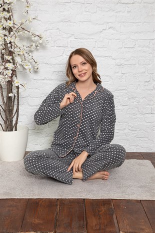 Cansoy Antrasit Puantiyeli Bayan Pijama Takımı (9072)