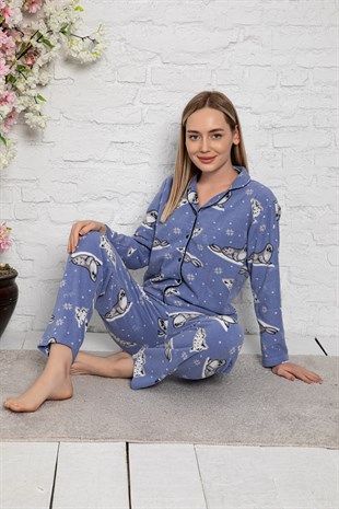 Cansoy Mavi Desenli Bayan Pijama Takımı
