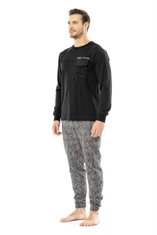 Poleren Siyah Uzun Kollu Pijama Takımı